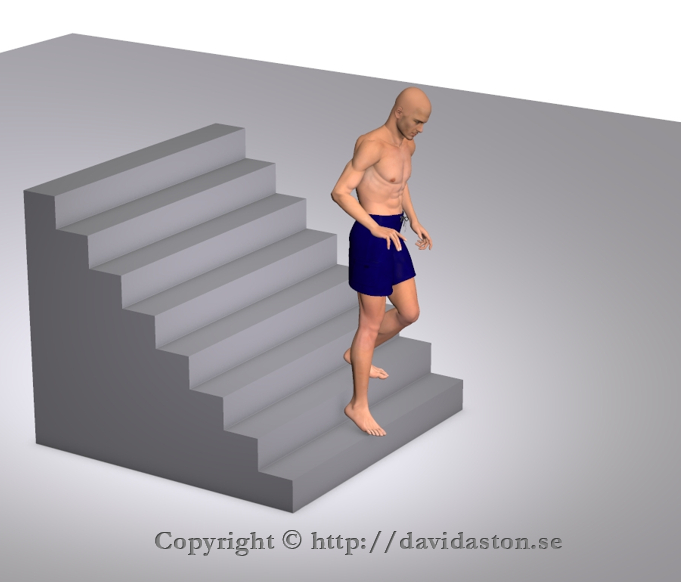 Gå i trappor nedför med eller utan stöd av handräcke. Ska alltid ske på ett säkert sätt.